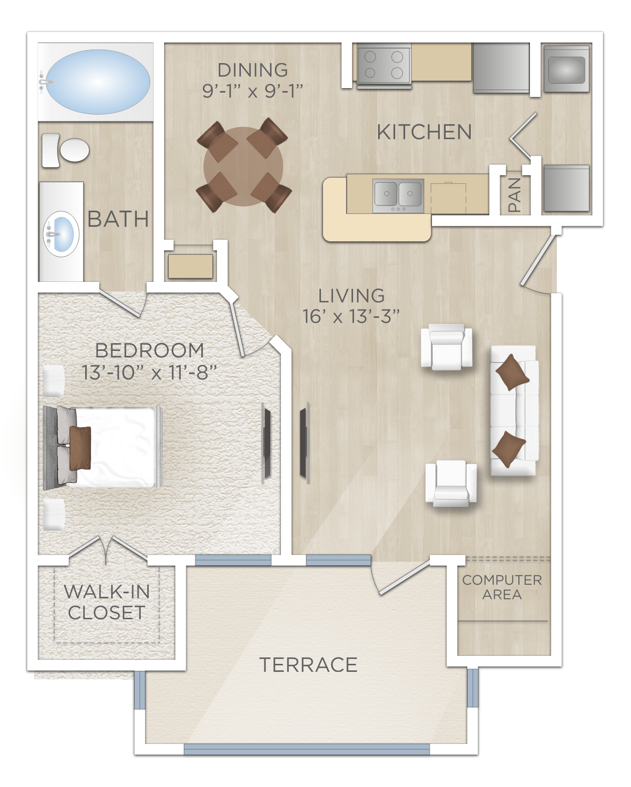 Floor plan for 1 bed, 1 bath, 708 sqft